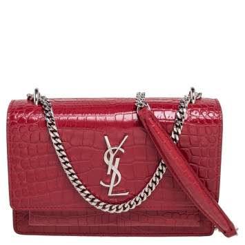 Pre Owned Saint Laurent Burgundy Croc Embossed Leather Medium Sunset Shoulder Bag