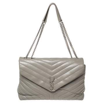 Pre Owned Saint Laurent Grey Matelassé Leather Large Loulou Shoulder Bag