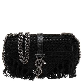 Pre Owned Saint Laurent Black Crochet and Python Embossed Leather Baby Monogram Crossbody Bag