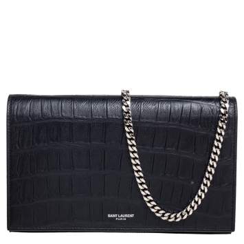 Pre Owned Saint Laurent Black Croc Embossed Leather Flap Crossbody Bag