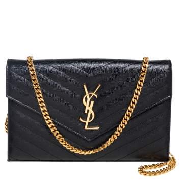 Pre Owned Saint Laurent Black Chevron Quilted Leather Monogram Envelope Wallet On Chain