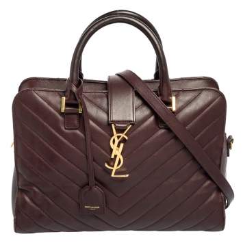 Pre Owned Saint Laurent Burgundy Matelassé Leather Small Monogram Cabas Tote