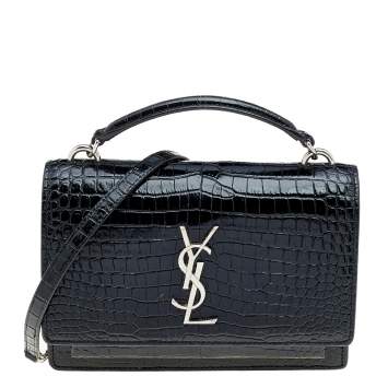 Pre Owned Saint Laurent Black Croc Embossed Leather Sunset Shoulder Bag
