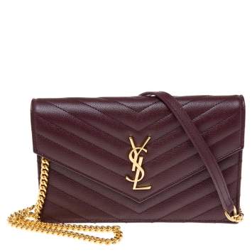 مملوكة مسبقًا Saint Laurent Burgundy Matelassé  Leather Monogram Envelope Wallet on Chain