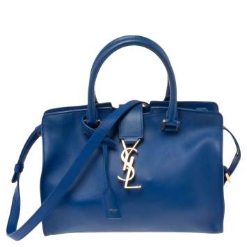 Pre Owned Saint Laurent Blue Leather Baby Monogram Cabas Tote