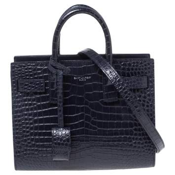 Pre Owned Saint Laurent Dark Blue Croc Embossed Leather Nano Classic Sac De Jour Tote
