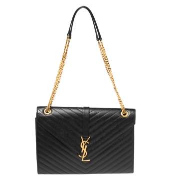 Pre Owned Saint Laurent Black Matelassé Leather Monogram Envelope Shoulder Bag