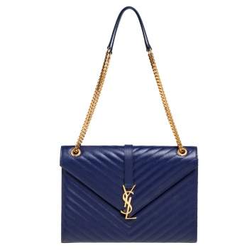 Pre Owned Saint Laurent Navy Blue Matelassé Leather Large Cassandre Flap Bag