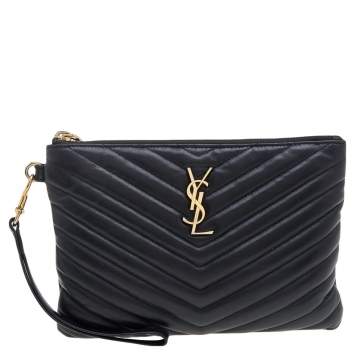 Pre Owned Saint Laurent Black Leather Monogram Chevron Clutch