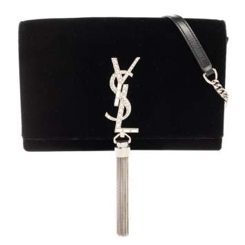 مملوكة مسبقًا Saint Laurent Black Velvet Small Kate Chain Wallet On Chain