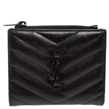 مملوكة مسبقًا Saint Laurent Black Matelassé Leather Flap Zip Compact Wallet