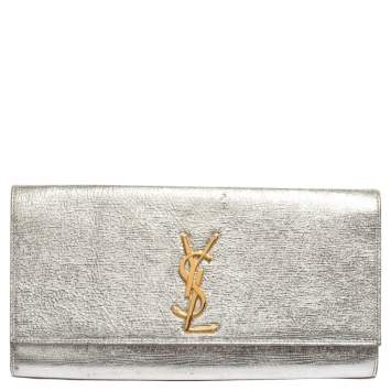 Pre Owned Saint Laurent Silver Textured Leather Kate Flap Clutch