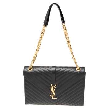 Pre Owned Saint Laurent Black Matelassé Leather Large Monogram Shoulder Bag