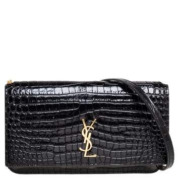 Pre Owned Saint Laurent Black Croc Embossed Glossy Leather Monogram Phone Holder 