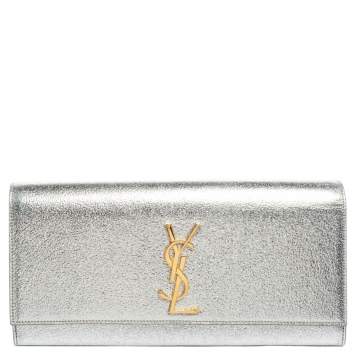 Pre Owned Saint Laurent Metallic Silver Leather Kate Flap Clutch