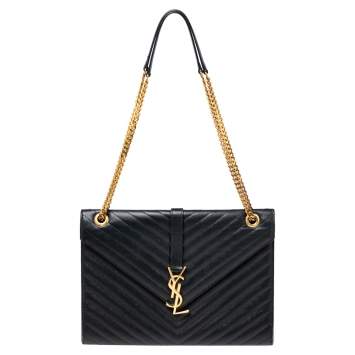 Pre Owned Saint Laurent Black Matelassé Leather Monogram Envelope Shoulder Bag