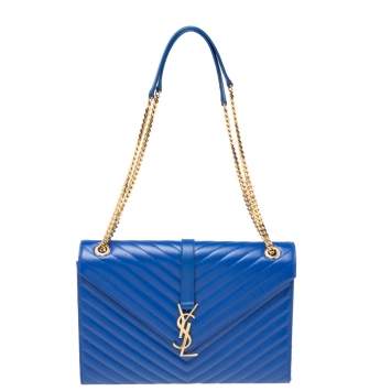 Pre Owned Saint Laurent Blue Monogram Quilted Leather Large Envelope Shoulder Bag