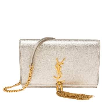 مملوكة مسبقًا Saint Laurent Gold Textured Leather Kate Tassel Wallet on Chain 