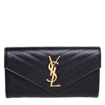 Pre Owned Saint Laurent Black Matelassé Leather Monogram Envelope Wallet
