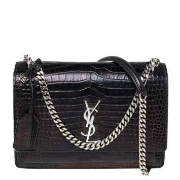 Pre Owned Saint Laurent Black Shiny Croc Embossed Leather Medium Sunset Shoulder Bag