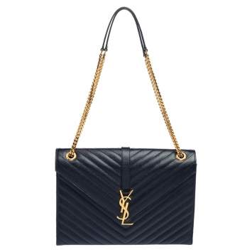 Pre Owned Saint Laurent Midnight Blue Matelassé Leather Monogram Envelope Shoulder Bag
