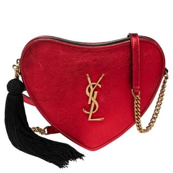 Pre Owned Saint Laurent Red Leather Heart Tassel Shoulder Bag