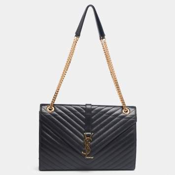 Pre Owned Saint Laurent Black Matelassé Leather Monogram Envelope Shoulder Bag