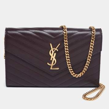Pre Owned Saint Laurent Burgundy Chevron Leather Monogram Envelope Wallet on Chain