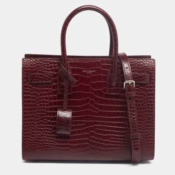 Pre Owned Saint Laurent Burgundy Croc Embossed Leather Baby Classic Sac De Jour Tote