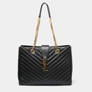 Pre Owned Saint Laurent Black Chevron Leather Monogram Chain Bo Cassandre Tote