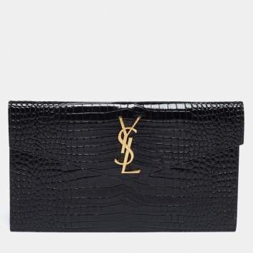 Pre Owned Saint Laurent Black Croc Embossed Leather Uptown Clutch