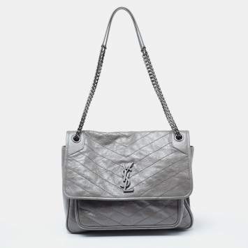 Pre Owned Saint Laurent Grey Aged Crinkled Leather Large Niki Shoulder Bag