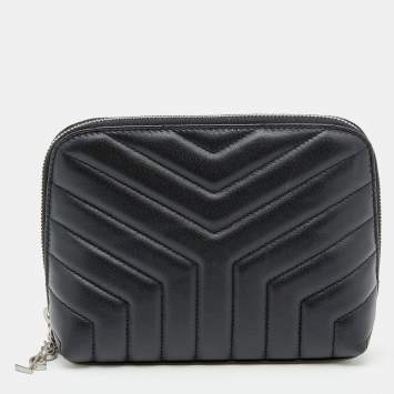 Pre Owned Saint Laurent Black Monogram Quilted Leather Loulou Zip Pouch