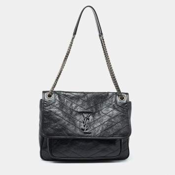 Pre Owned Saint Laurent Black Crinkled Leather Large Niki Shoulder Bag