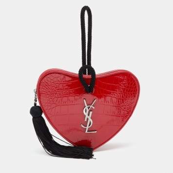 Pre Owned Saint Laurent Red Croc Embossed Patent Leather Sac Coeur Heart Shaped Clutch