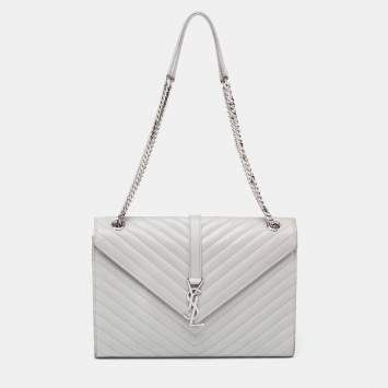 Pre Owned Saint Laurent Grey Matelassé Leather Monogram Envelope Shoulder Bag