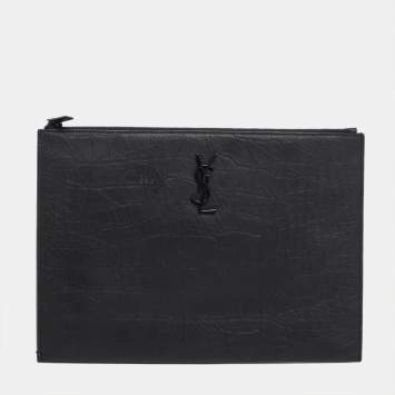 Pre Owned Saint Laurent Black Croc Embossed Leather Monogram Zip Pouch