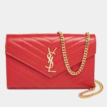 Pre Owned Saint Laurent Red Matelasse Leather Monogram Chain Clutch
