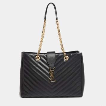 Pre Owned Saint Laurent Black Matelassé Leather Cassandre Shopper Tote