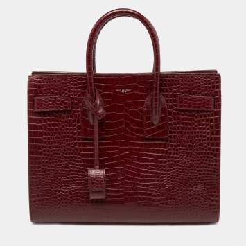 Pre Owned Saint Laurent Burgundy Croc Embossed Leather Small Sac De Jour Tote