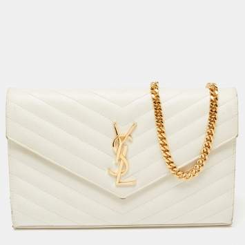 Pre Owned Saint Laurent Off White Matelassé Leather Monogram Wallet on Chain