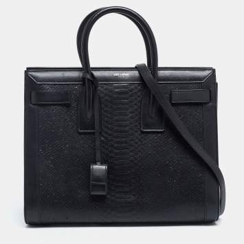 Pre Owned Saint Laurent Black Python Embossed and Leather Small Sac De Jour Tote