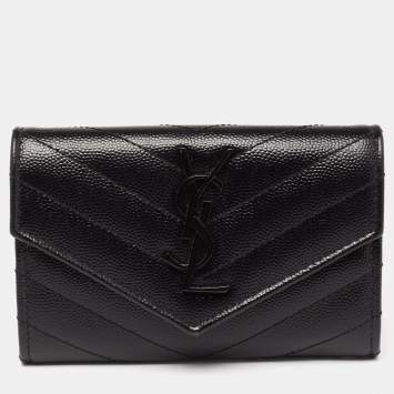 مملوكة مسبقًا Saint Laurent Black Leather Monogram Envelope Compact Wallet