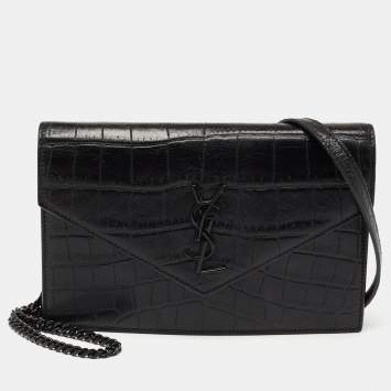 Pre Owned Saint Laurent Black Croc Embossed Leather Monogram Envelope Wallet on Chain