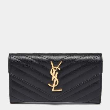 Pre Owned Saint Laurent Black Chevron Leather Monogram Envelope Flap Continental Wallet