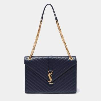 Pre Owned Saint Laurent Navy Blue Quilted Leather Monogram Envelope Shoulder Bag