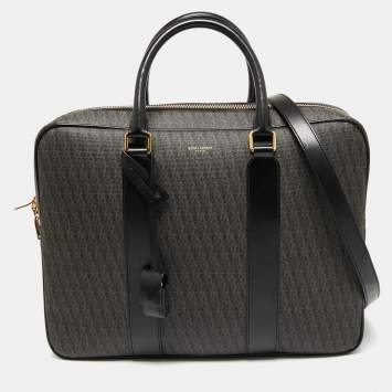Pre Owned Saint Laurent Brown/Black Signature Coated Canvas and Leather Briefcase