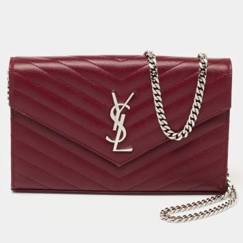 Pre Owned Saint Laurent Burgundy Leather Cassandre Chain Clutch