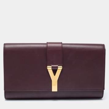 Pre Owned Saint Laurent Burgundy Leather Flap Ligne Y Clutch