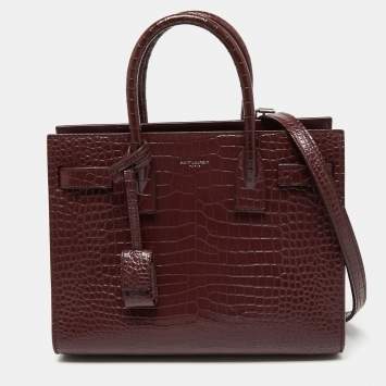 Pre Owned Saint Laurent Burgundy Croc Embossed Leather Baby Classic Sac De Jour Tote